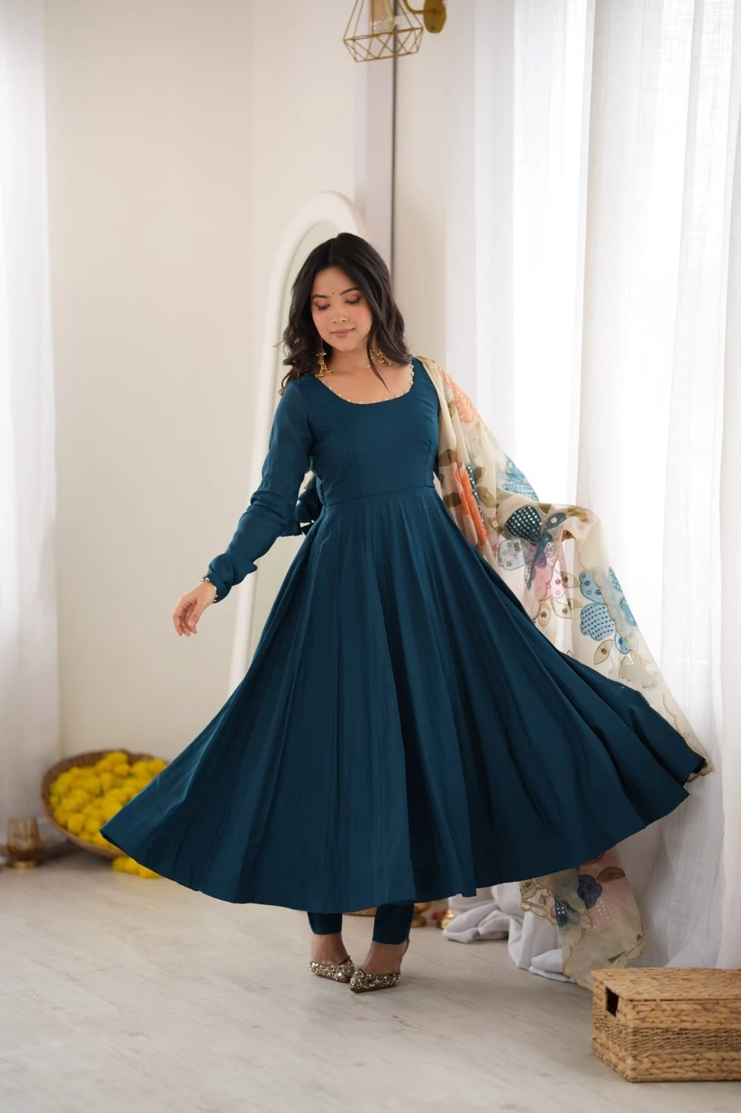 Premium Pure Romansilk 16 Kali Anarkali with Fancy Position Print Dupatta
